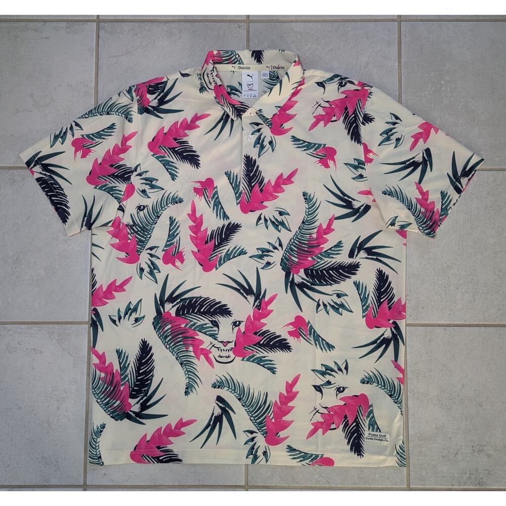 PUMA Golf x Duvin Men's Large Polo Shirt White Tropical Floral Performance